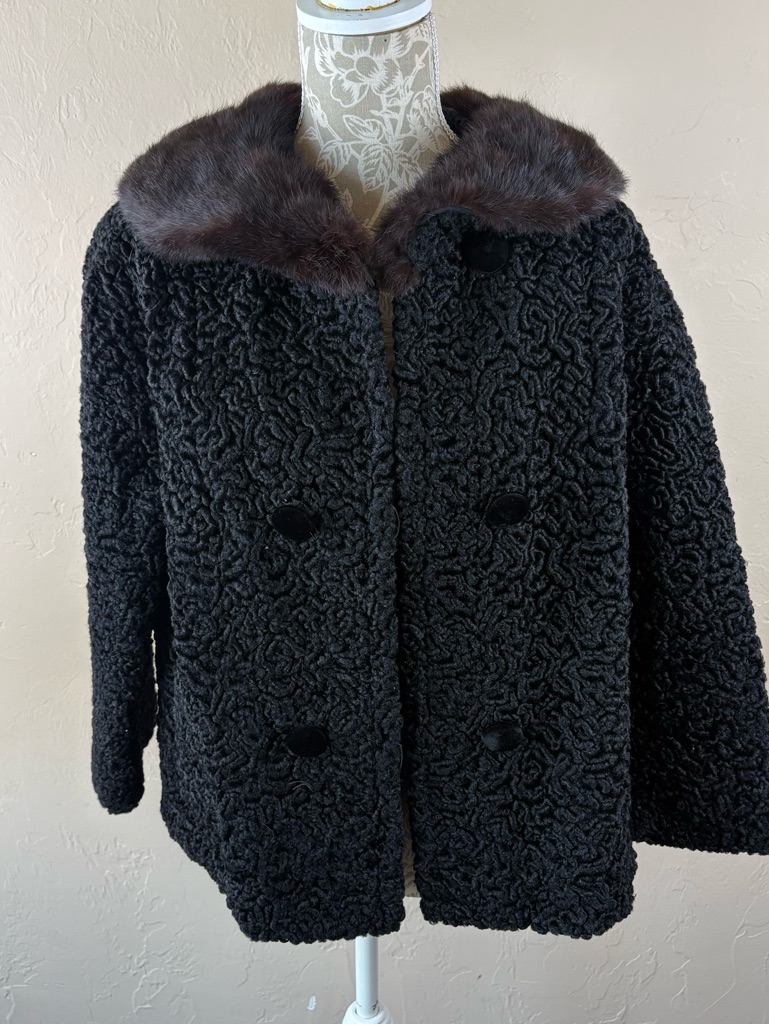 Vintage Black Persian Lamb Coat Jacket Real Fur Collar Double Breasted Medium